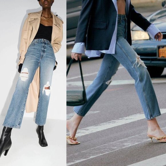 Khaite Abigail Jeans Distressed Portland Blue High Waist Straight Leg Size 25 - Picture 12 of 14